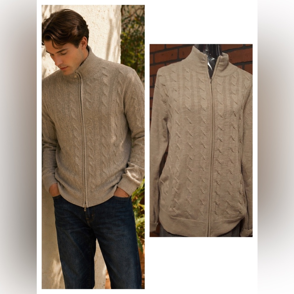 Merino Wool Zip Cardigan Tan Size L Classic Lightweight Sweater